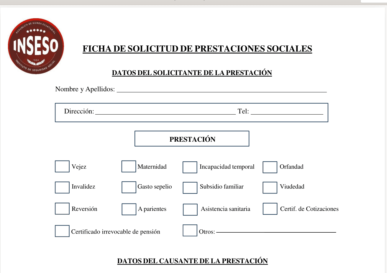 Ficha de solicitud de prestaciones